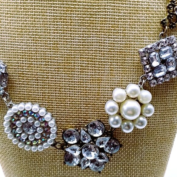 Plunder Statement Necklace Mixed Metal Gold Silver Crystal Pearl Chunky Chain - Picture 14 of 16